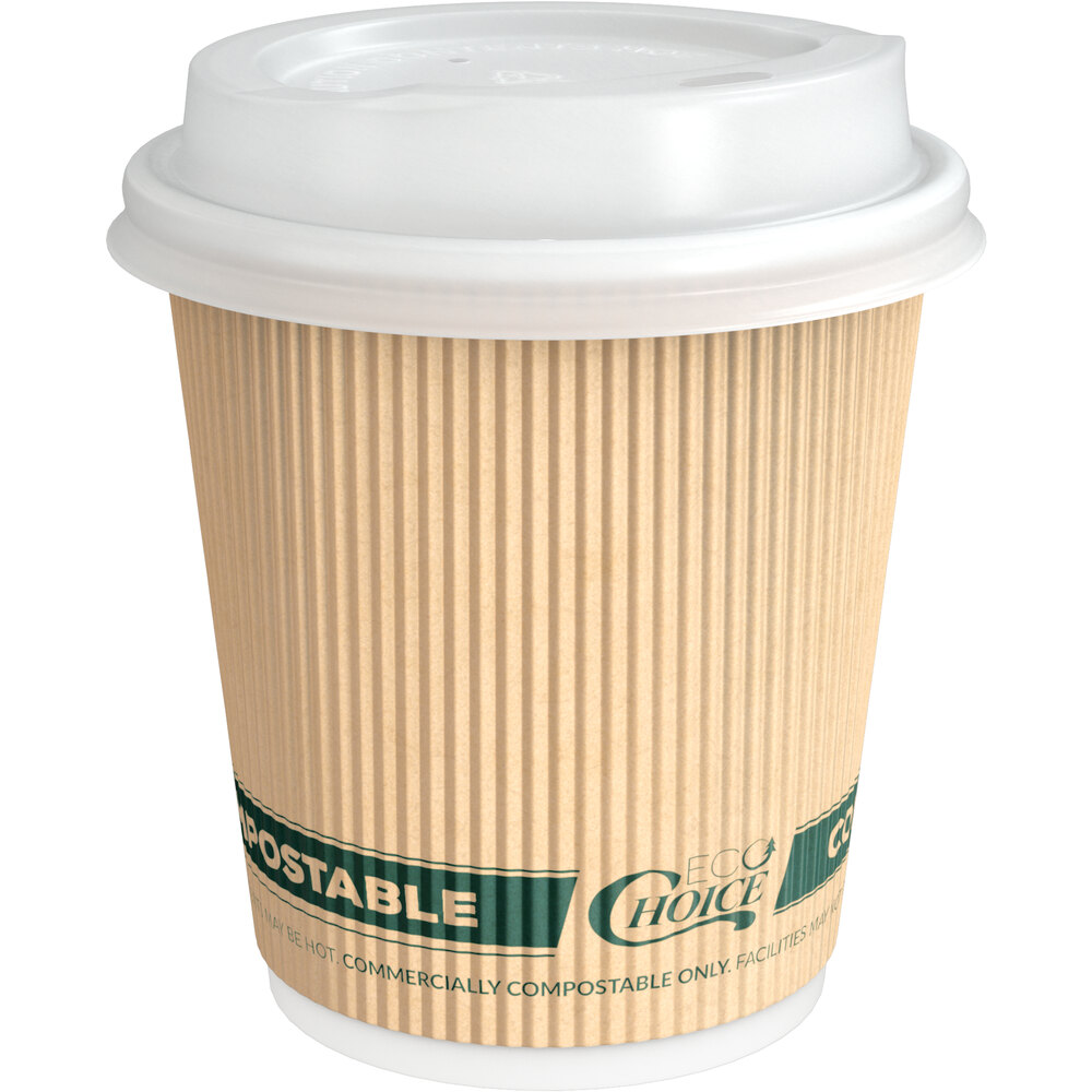 EcoChoice 8 oz. Sleeveless Ripple Kraft Paper Hot Cup and Lid - 100/Case
