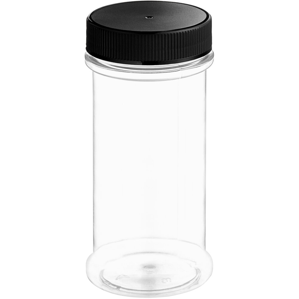63/485 12 oz. Round Plastic Spice Container with Flat Black Lid
