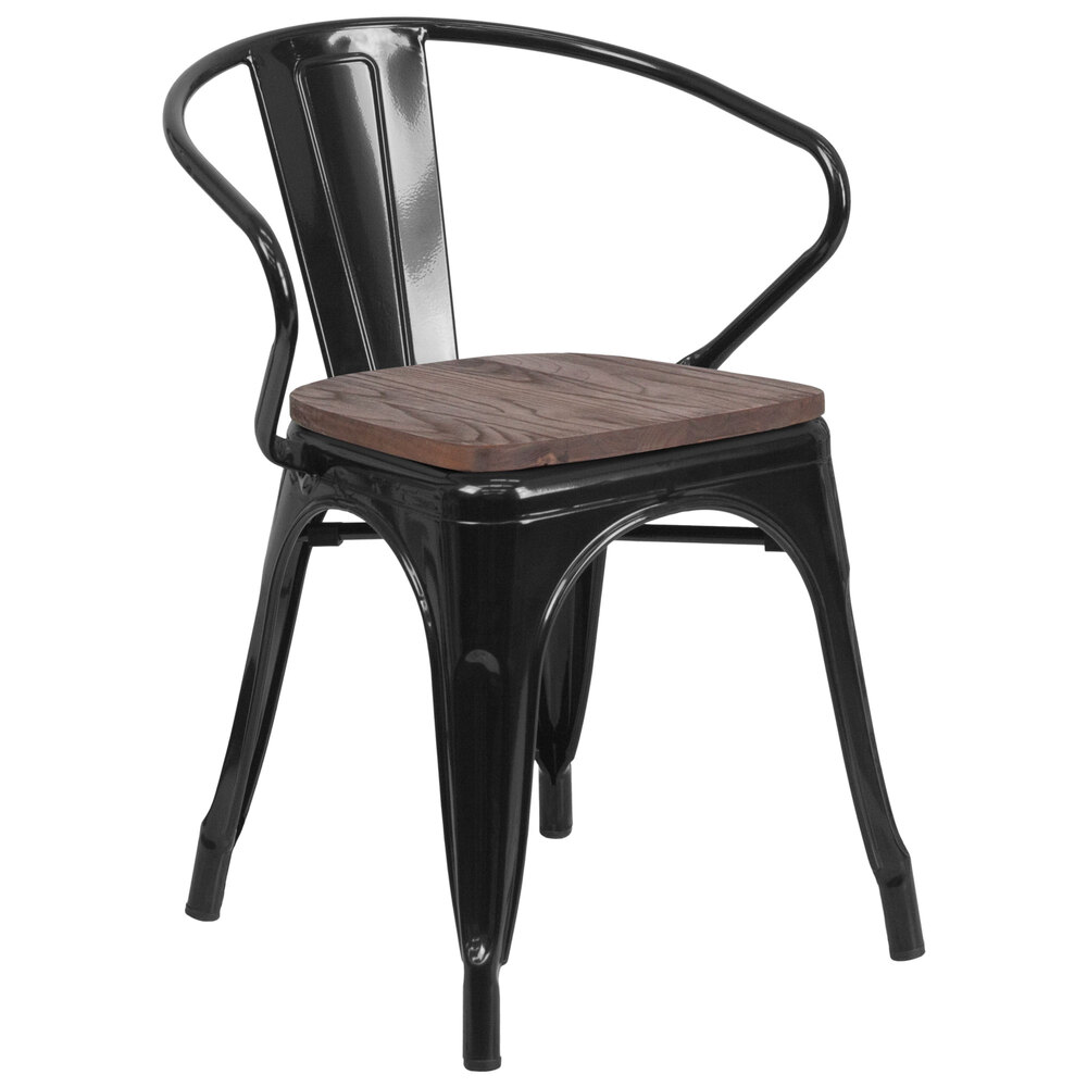 Flash Furniture CH31270BKWDGG Black Stackable Metal Chair with Arms