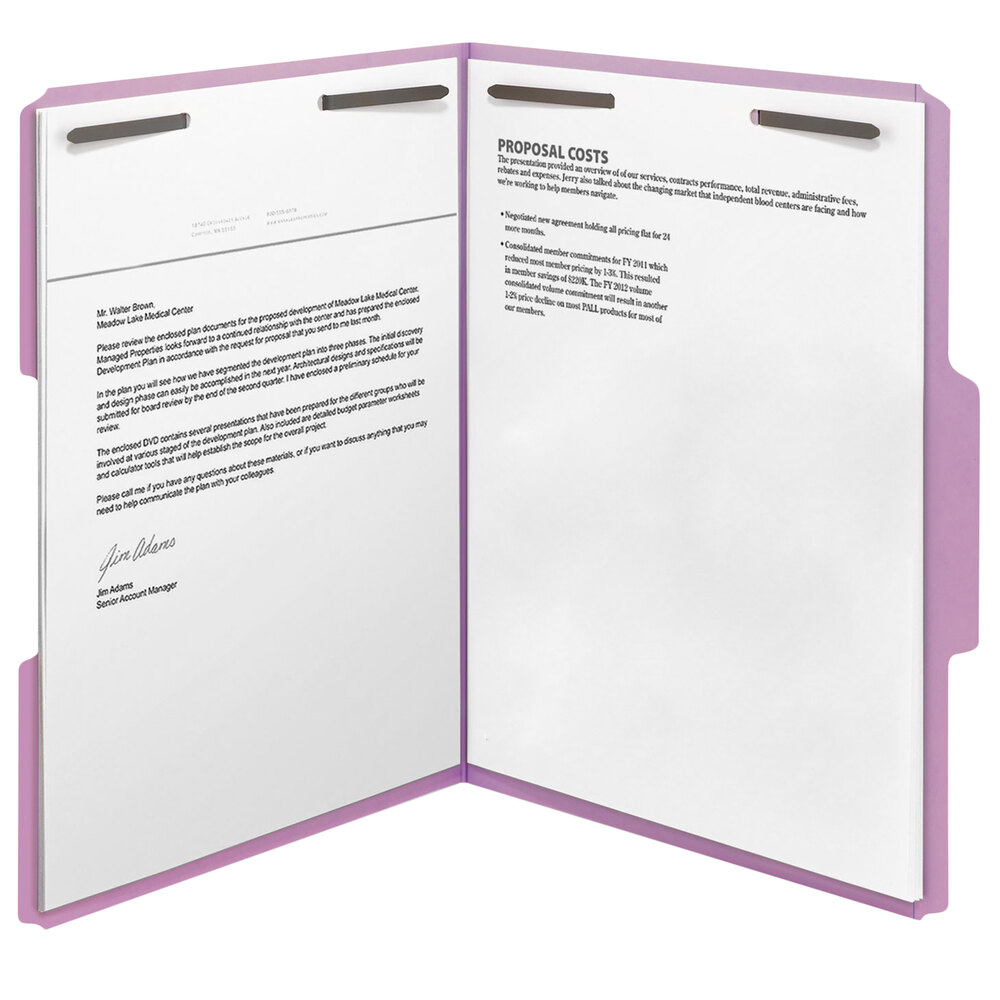 Smead 25540 Lavender End Tab Colored Fastener File Folders With Reinforced Tab 