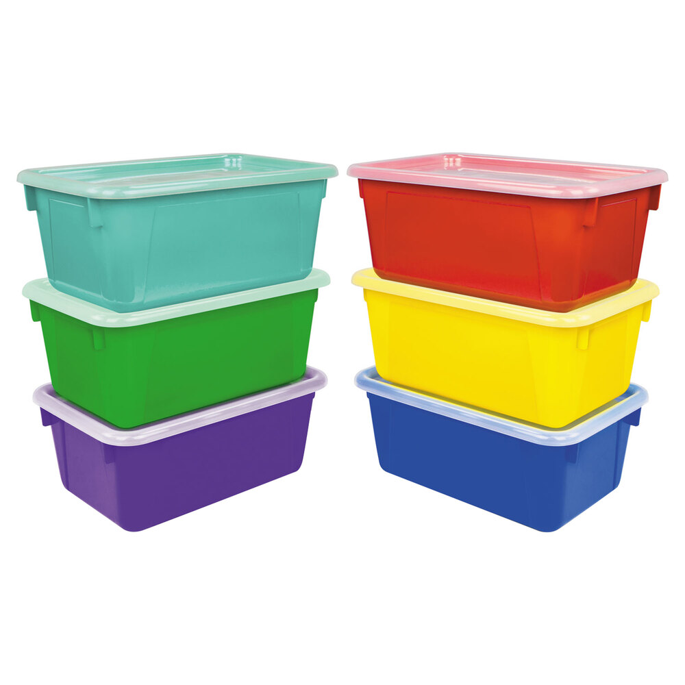 Storex 62406E06C 12" x 8" x 5" Assorted Color Cubby Bin with Lid 6/Pack