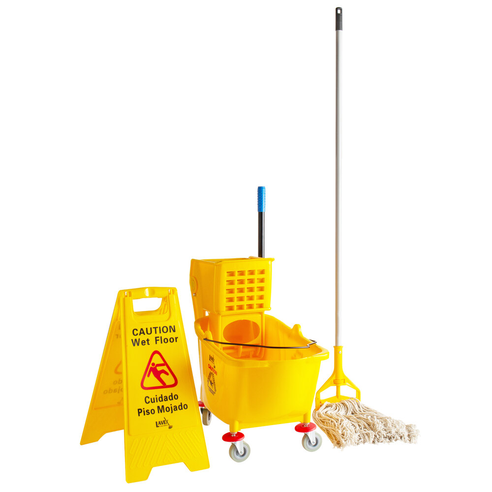 Lavex Janitorial Wet Mop Kit with 36 Qt. Yellow Mop Bucket, Wet Floor Sign, Mop Head, and Handle