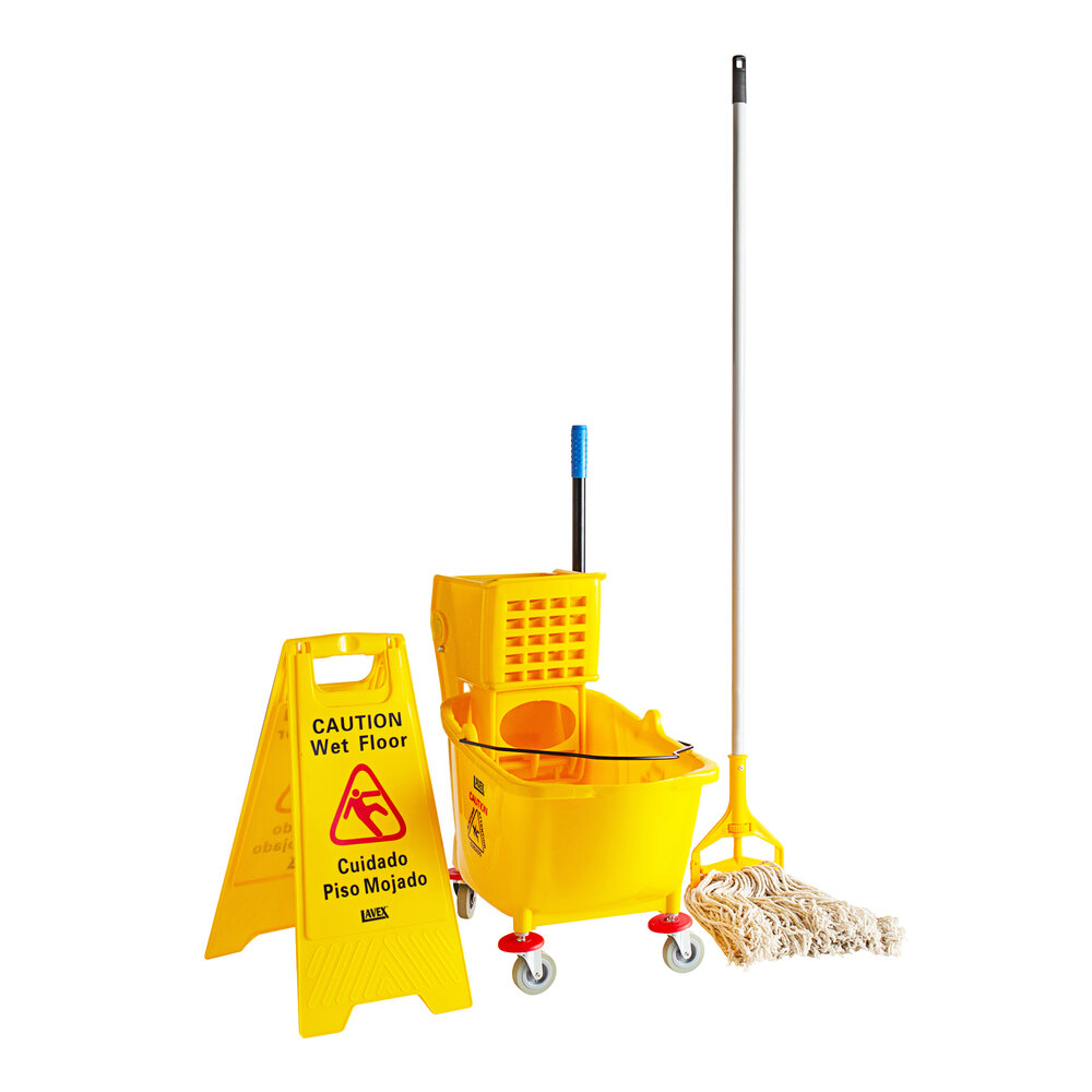 Lavex Wet Mop Kit with 35 Qt. Yellow Mop Bucket, Wet Floor Sign, Mop