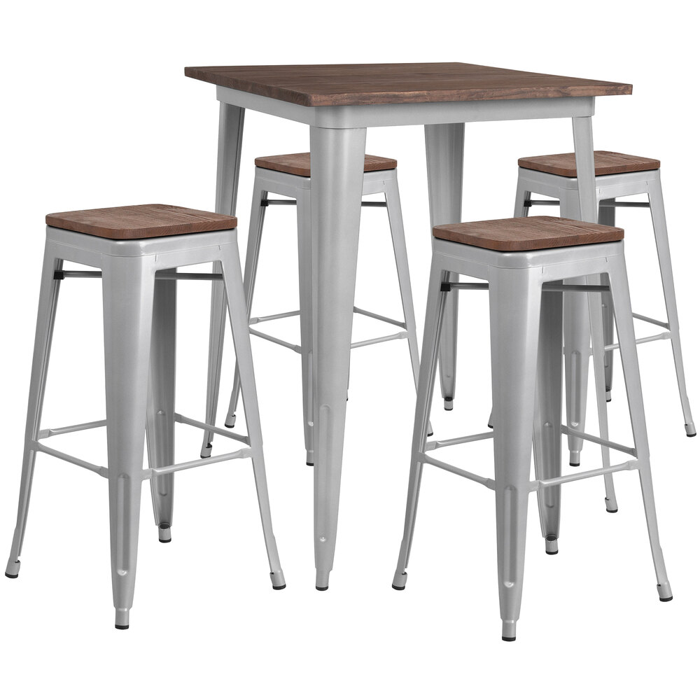 Flash Furniture CHWDTBCH6GG 31 1/2" Square Rustic Galvanized Steel and Wood Bar Height Table