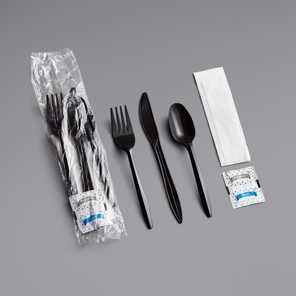 Choice Medium Weight Black Wrapped Plastic Cutlery Set with Napkin and