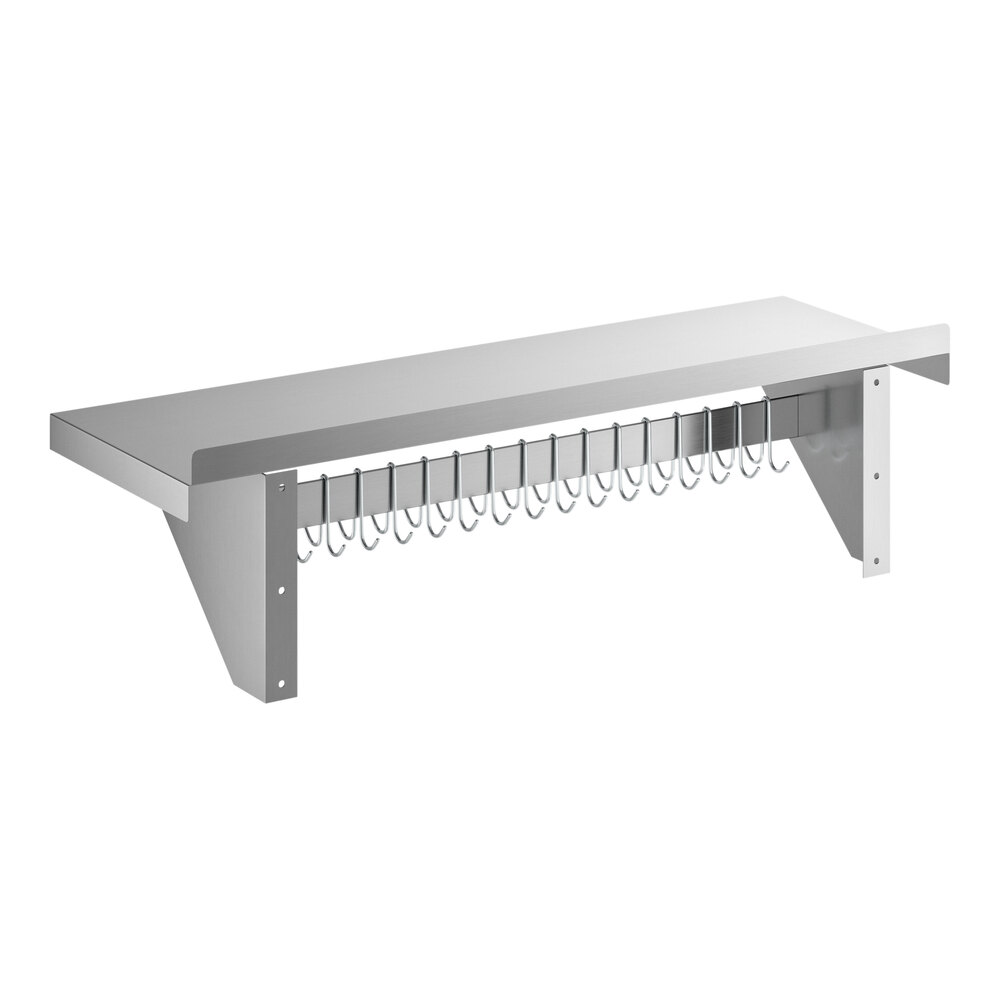 A stainless steel wall-mounted pot rack with a shelf and 18 galvanized hooks.