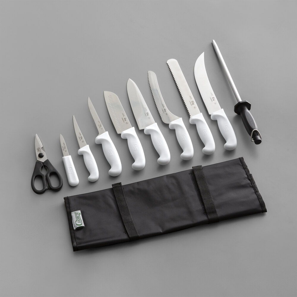 11 Piece Stainless Steel Commercial Culinary Knife Set with White Handles  Case