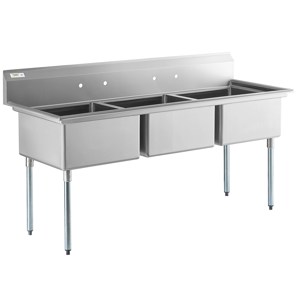 Regency 78 inch 16-Gauge Stainless Steel Three Compartment Commercial Sink with Galvanized Steel Legs and without Drainboard - 23 inch x 23 inch x 12 inch Bowls