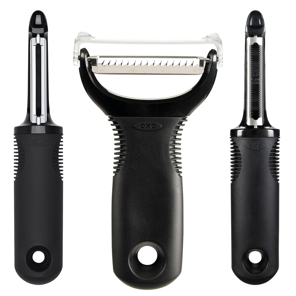 Good Grips 3-Piece Vegetable Peeler Set with Straight, Serrated, and Julienne Stainless Steel Blades