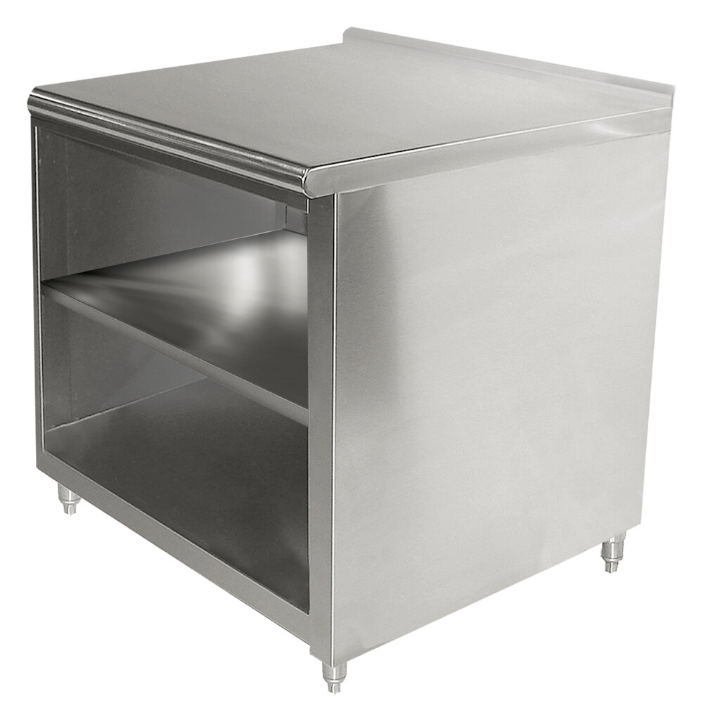 Advance Tabco Ef Ss 243m 24 X 36 14 Gauge Open Front Cabinet Base Work Table With Fixed Mid Shelf And 1 1 2 Backsplash
