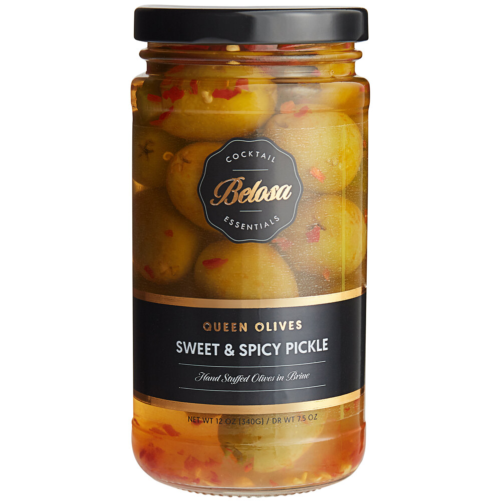 Belosa Sweet & Spicy Pickle Stuffed Queen Olives 12 oz. (7.5 oz. Dr. Wt.)