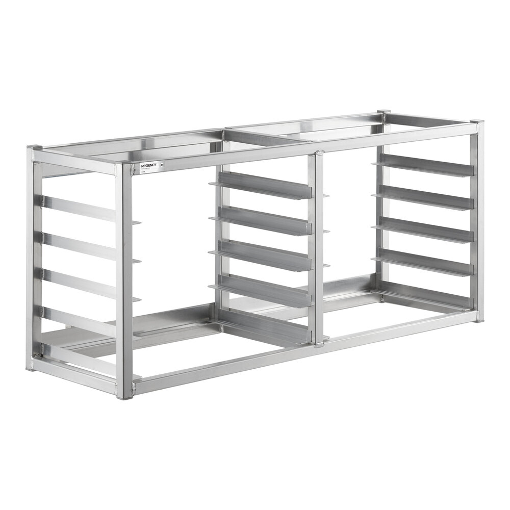 A metal rack with multiple horizontal slots on each side, designed to hold trays or pans, shown without any trays inserted.