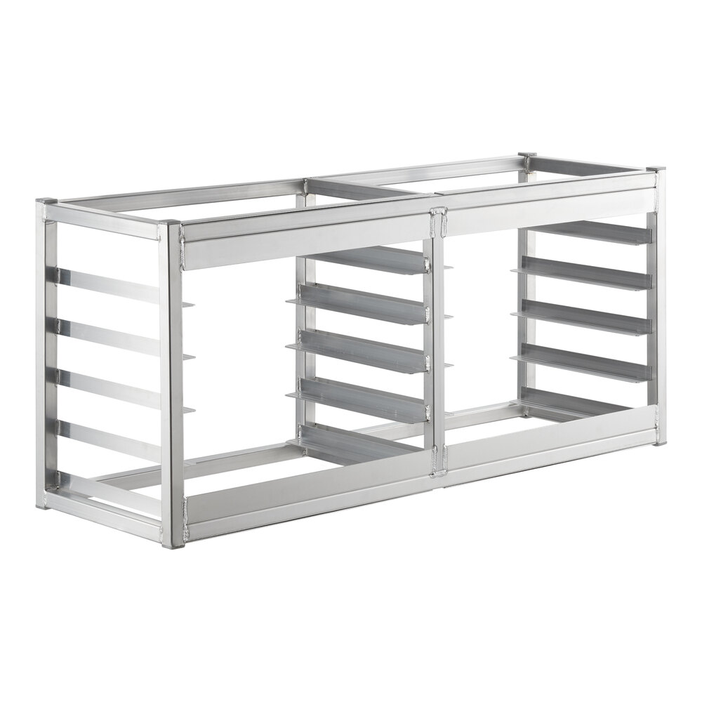 A metal rack with multiple horizontal slots, designed for holding trays or pans, shown in a rectangular frame.