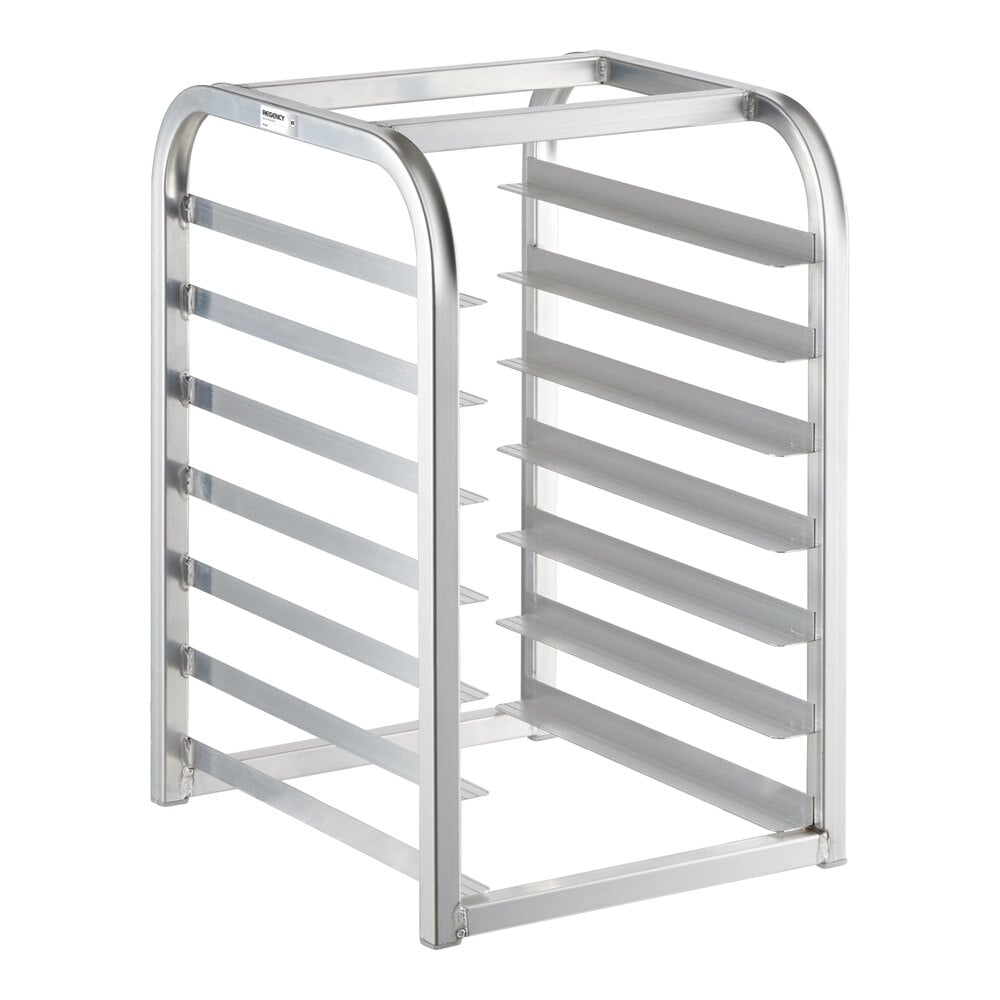 A metal rack with seven horizontal slots on each side, designed to hold trays or pans, with an open frame and a countertop height.