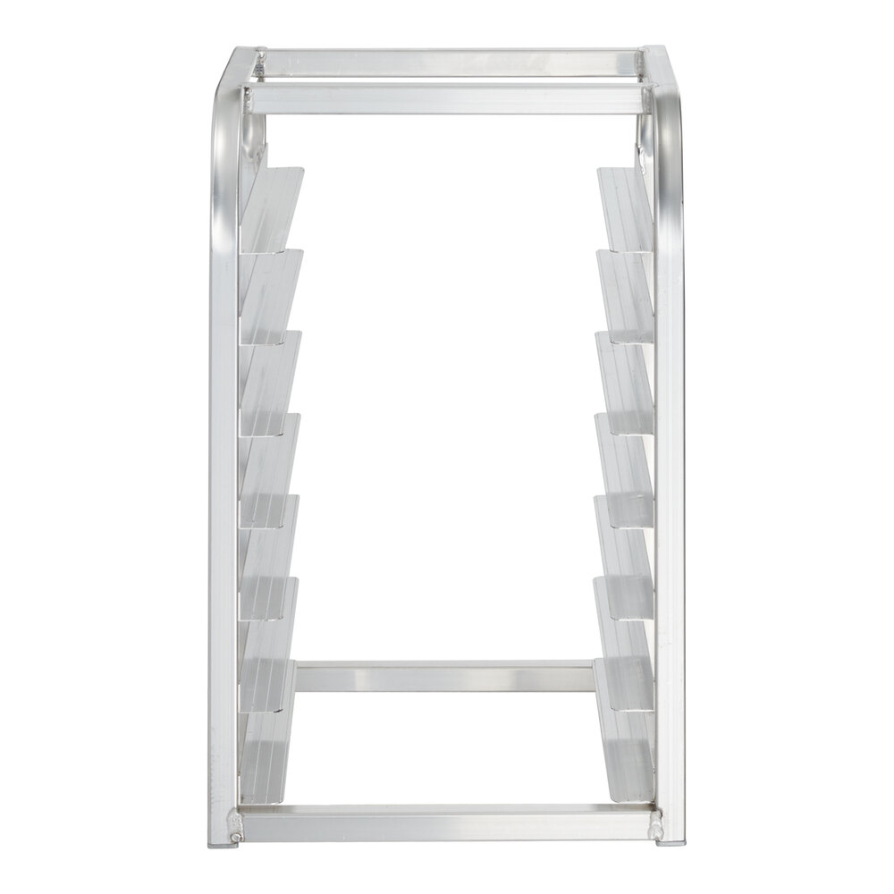 A metal rack with multiple angled slots on both sides, designed to hold trays or pans.