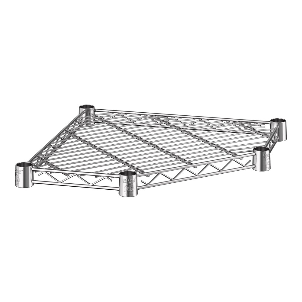 An 18-inch chrome wire pentagon corner shelf designed for storage and organization.