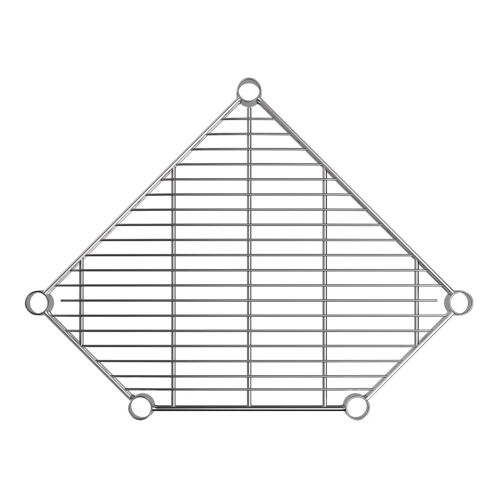 A chrome wire pentagon-shaped corner shelf with five circular mounting points.