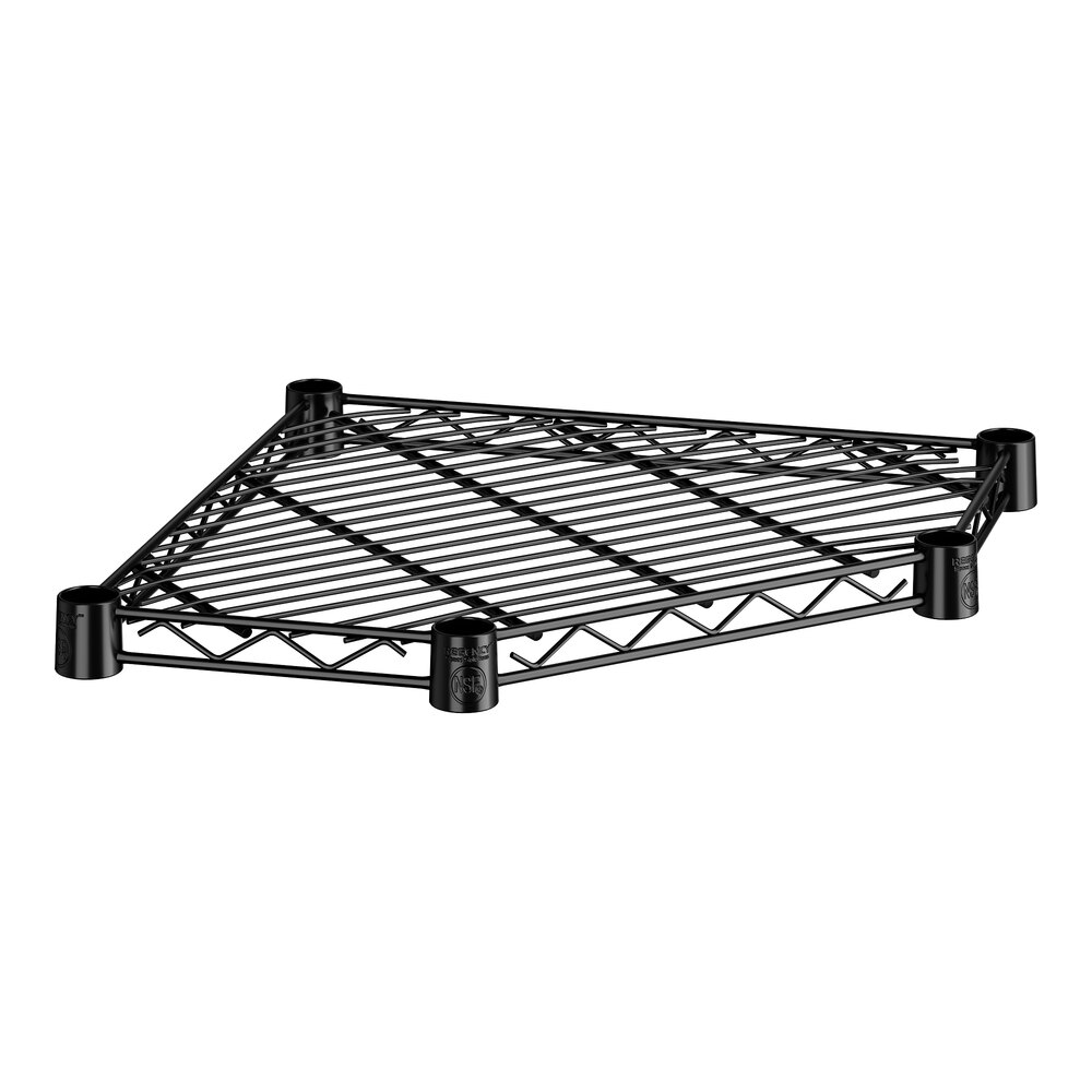 An 18-inch black epoxy wire pentagon corner shelf with a grid design and four corner supports.