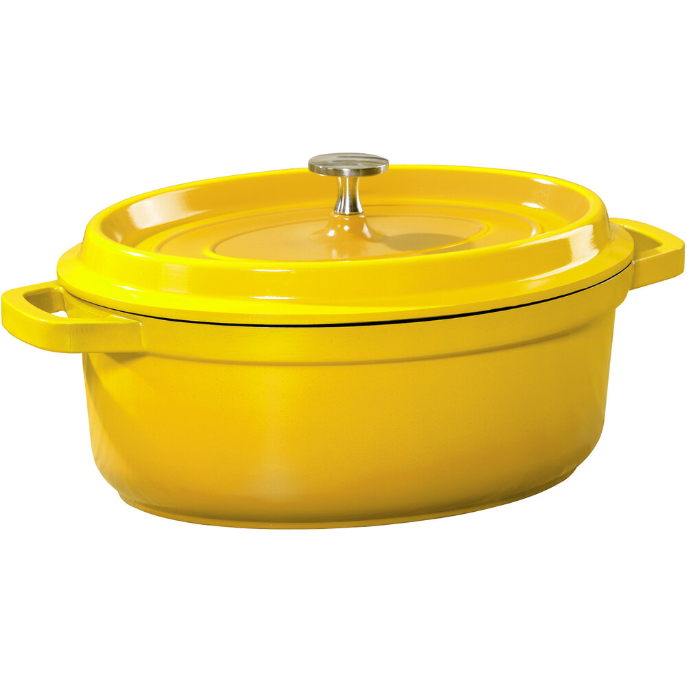 GET CA-009-Y/BK Heiss 3.5 Qt. Yellow Enamel Coated Cast Aluminum Oval Dutch Oven with Lid