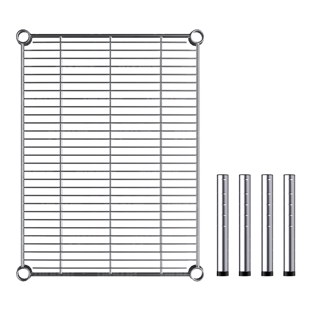 A Regency chrome metal dunnage shelf grid with four metal rods.