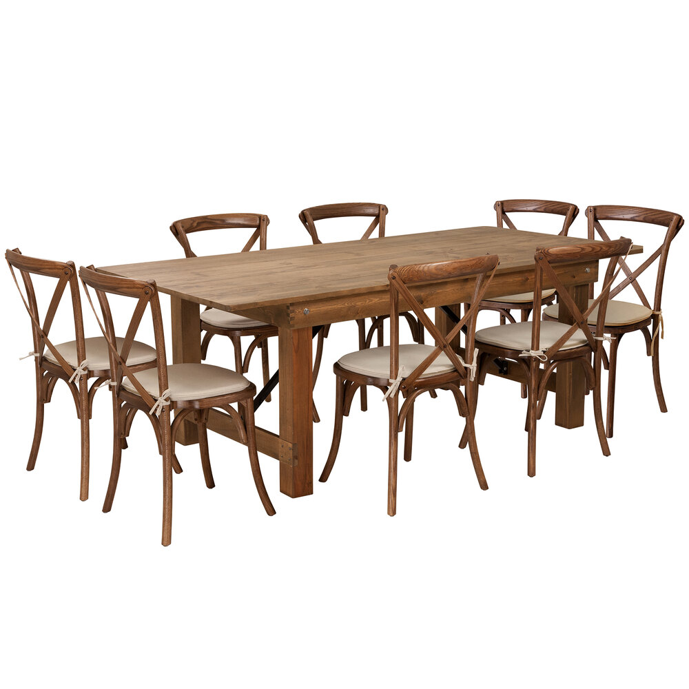 HERCULES Series 8' x 40'' Folding Farm Table Set with 10 Cross Back Chairs and Cushions main image 1