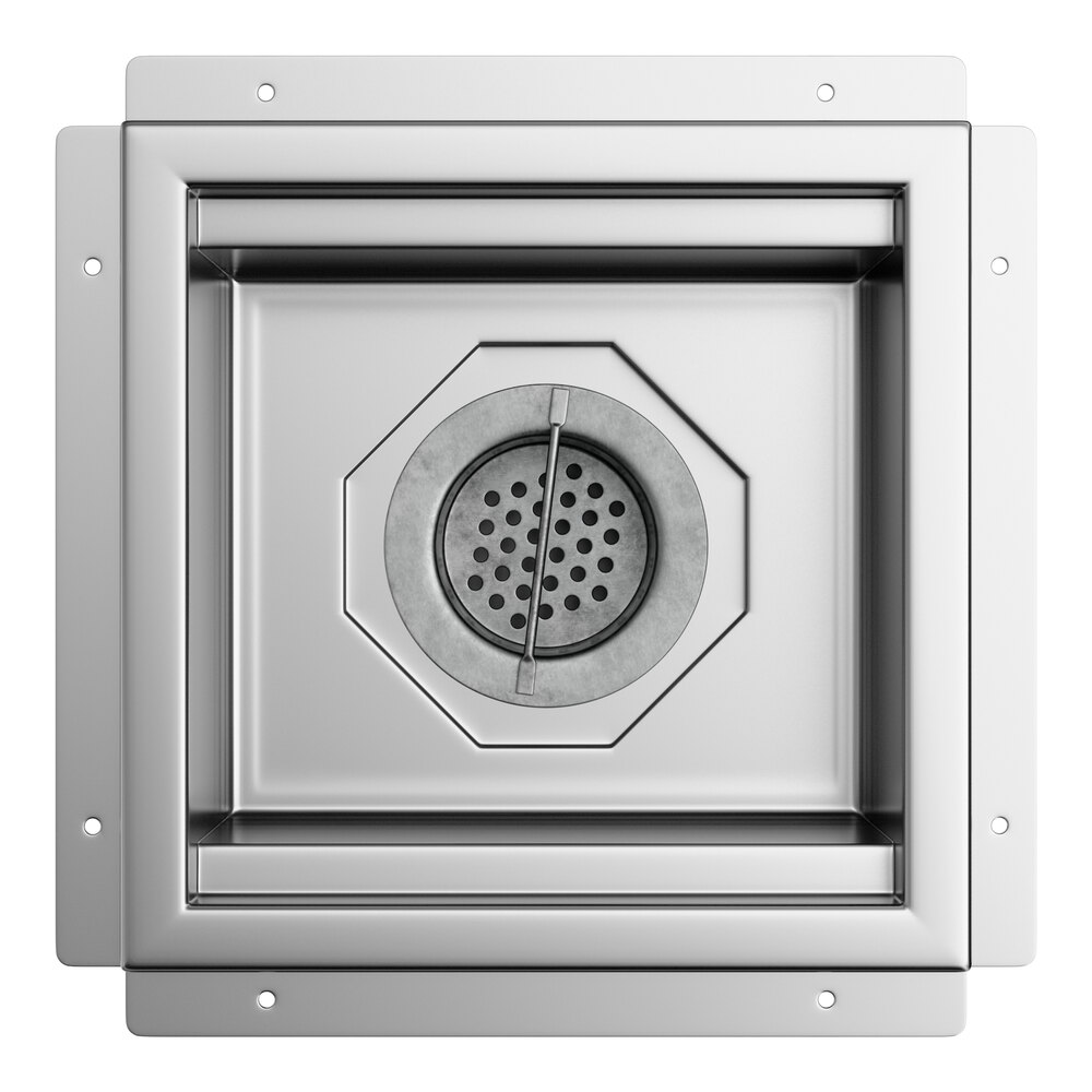 A 12-inch by 12-inch 14-gauge stainless steel floor sink.