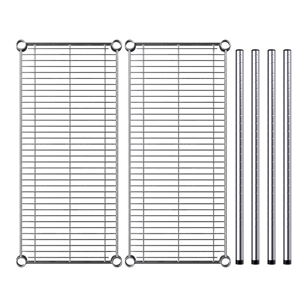 A Regency chrome wire shelving kit with two shelves and metal rods.