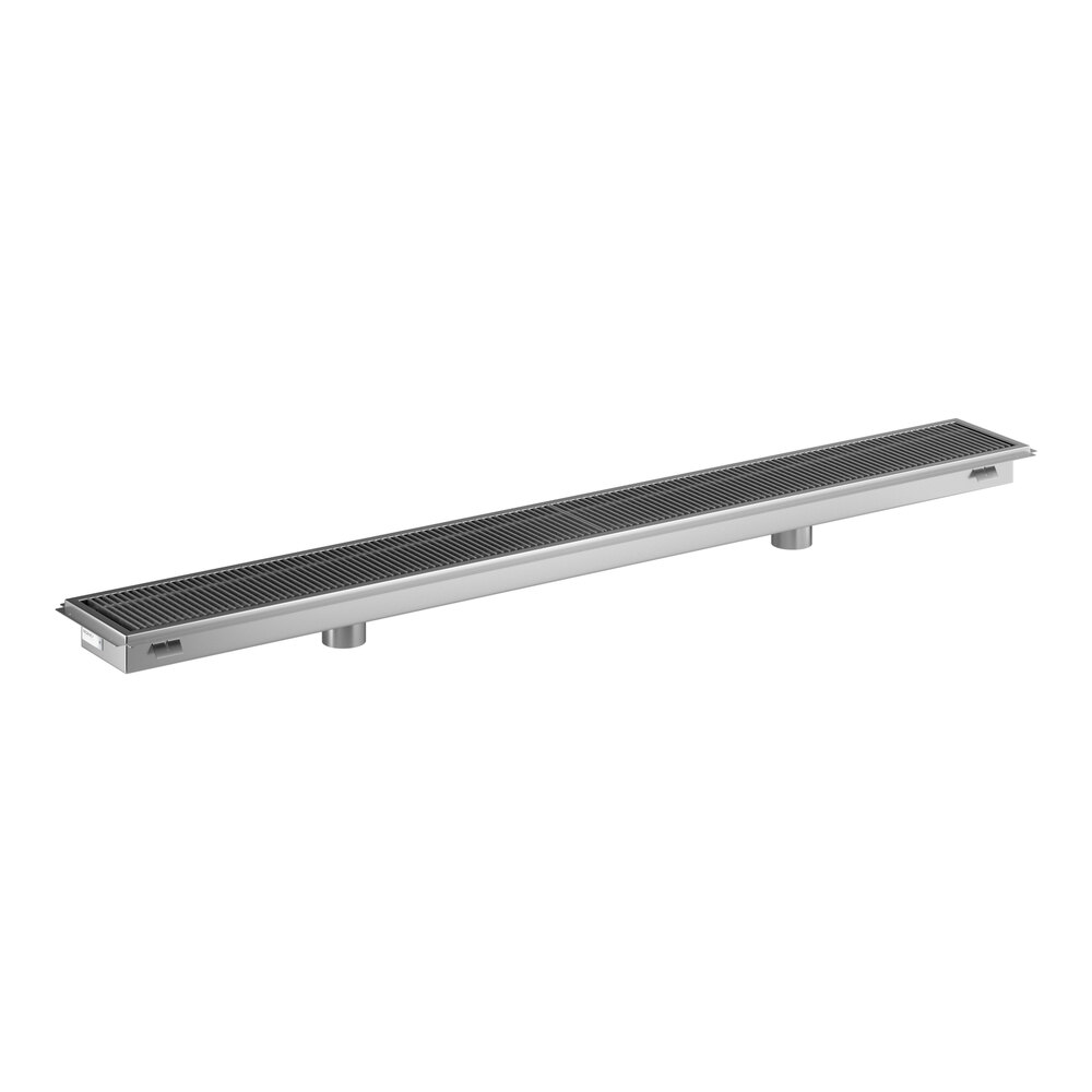A long, rectangular stainless steel floor trough with a grated cover.