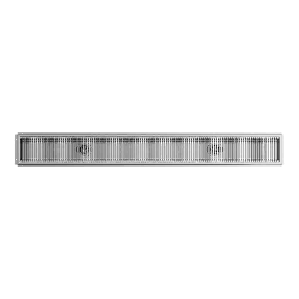 A 12-inch by 108-inch 14-gauge stainless steel floor trough with a grate.