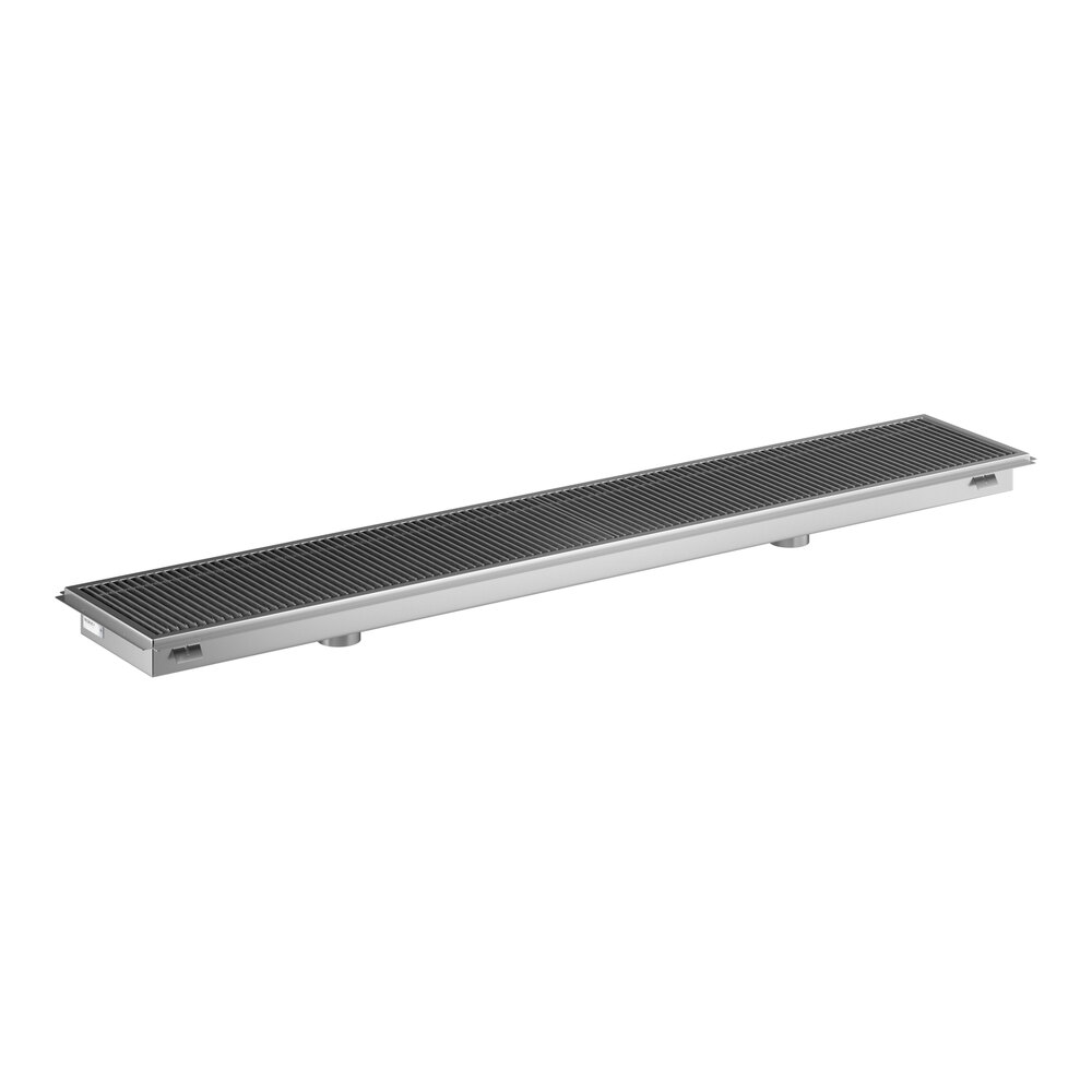 An 18-inch by 108-inch stainless steel floor trough with a grate.