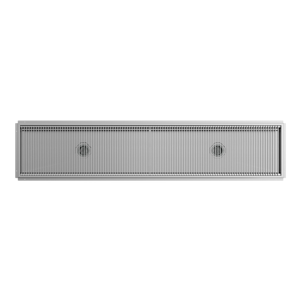 A 24-inch by 108-inch stainless steel floor trough with a grate cover.