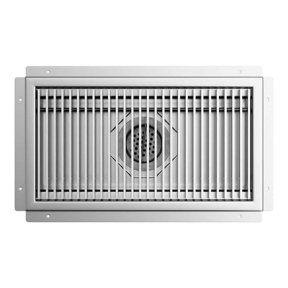A rectangular stainless steel floor water receptacle with a grate cover.