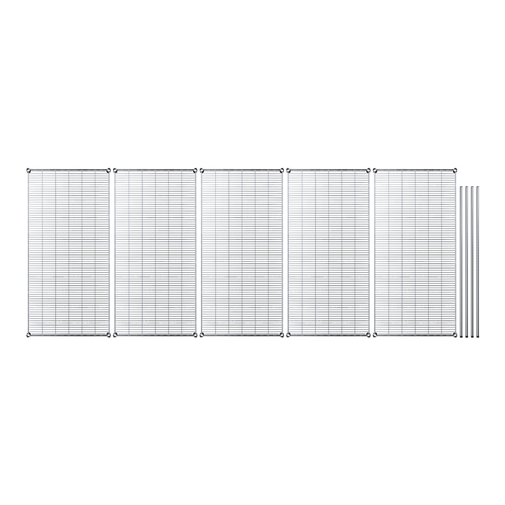 A row of chrome wire shelves on a white background.