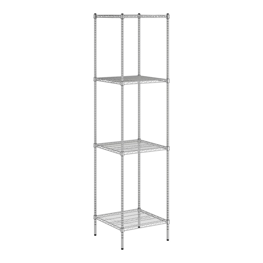 A wireframe metal shelf kit with four shelves.