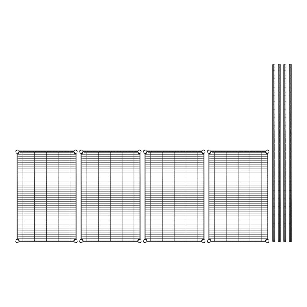 A row of wire mesh panels with black metal rods.