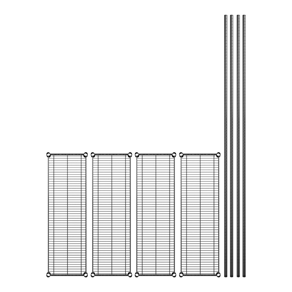 A black wire shelf kit with four shelves and rods.