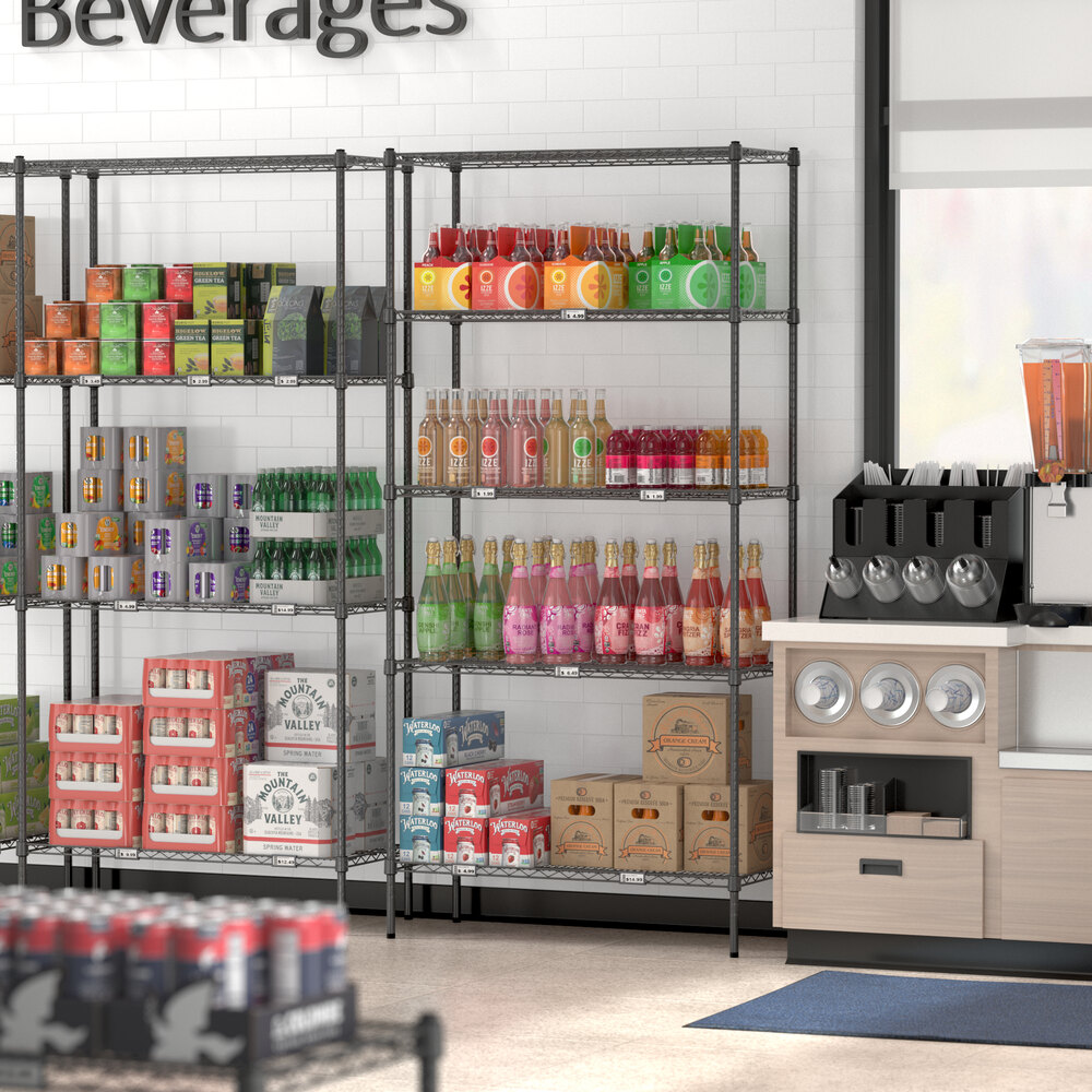 Regency black wire shelving with beverages and boxes on the shelves.