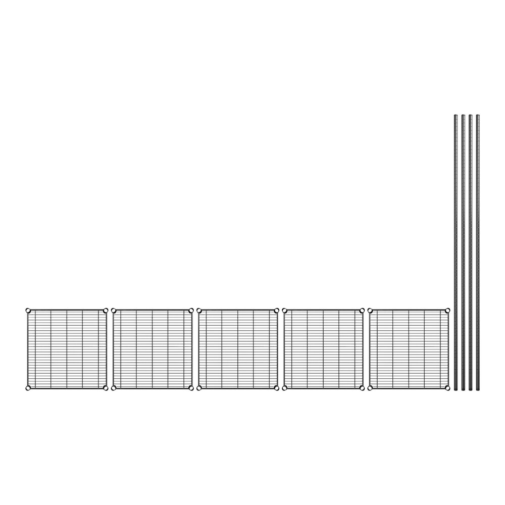 A row of black wire mesh panels with black metal bars.