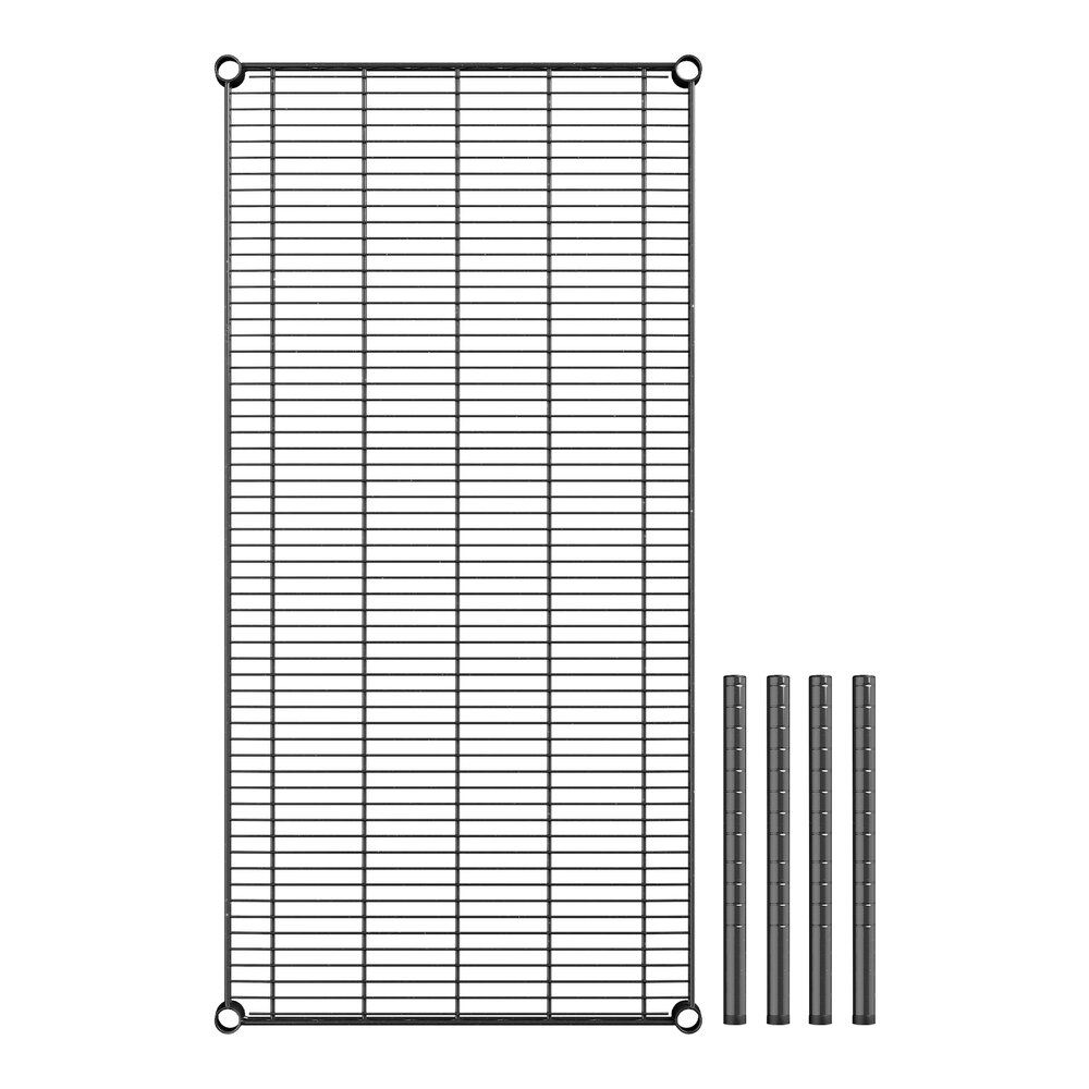 A black wire dunnage shelf with metal rods.