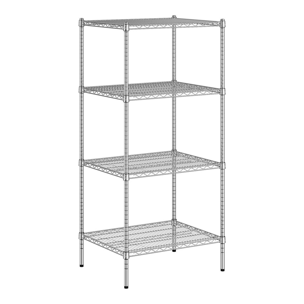 A wireframe of a Regency chrome wire shelving unit with four shelves.