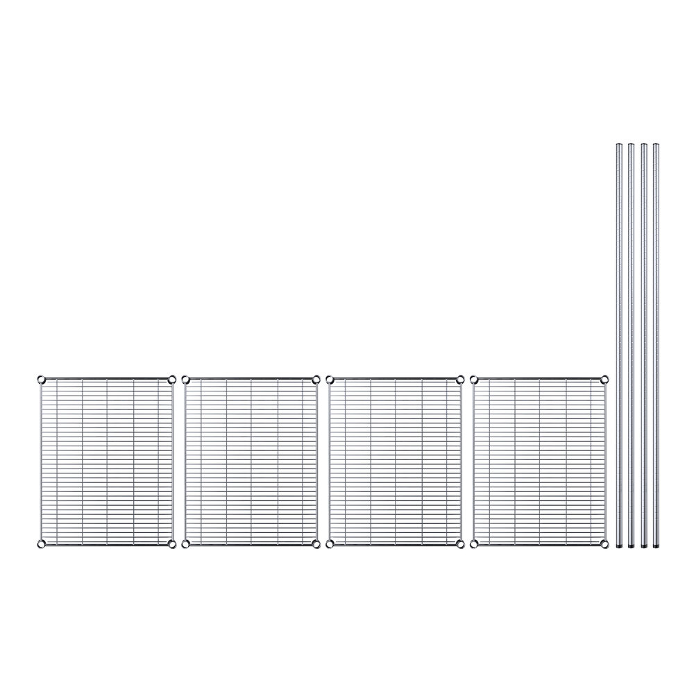 A white metal wire grid with metal rods forming four shelves.