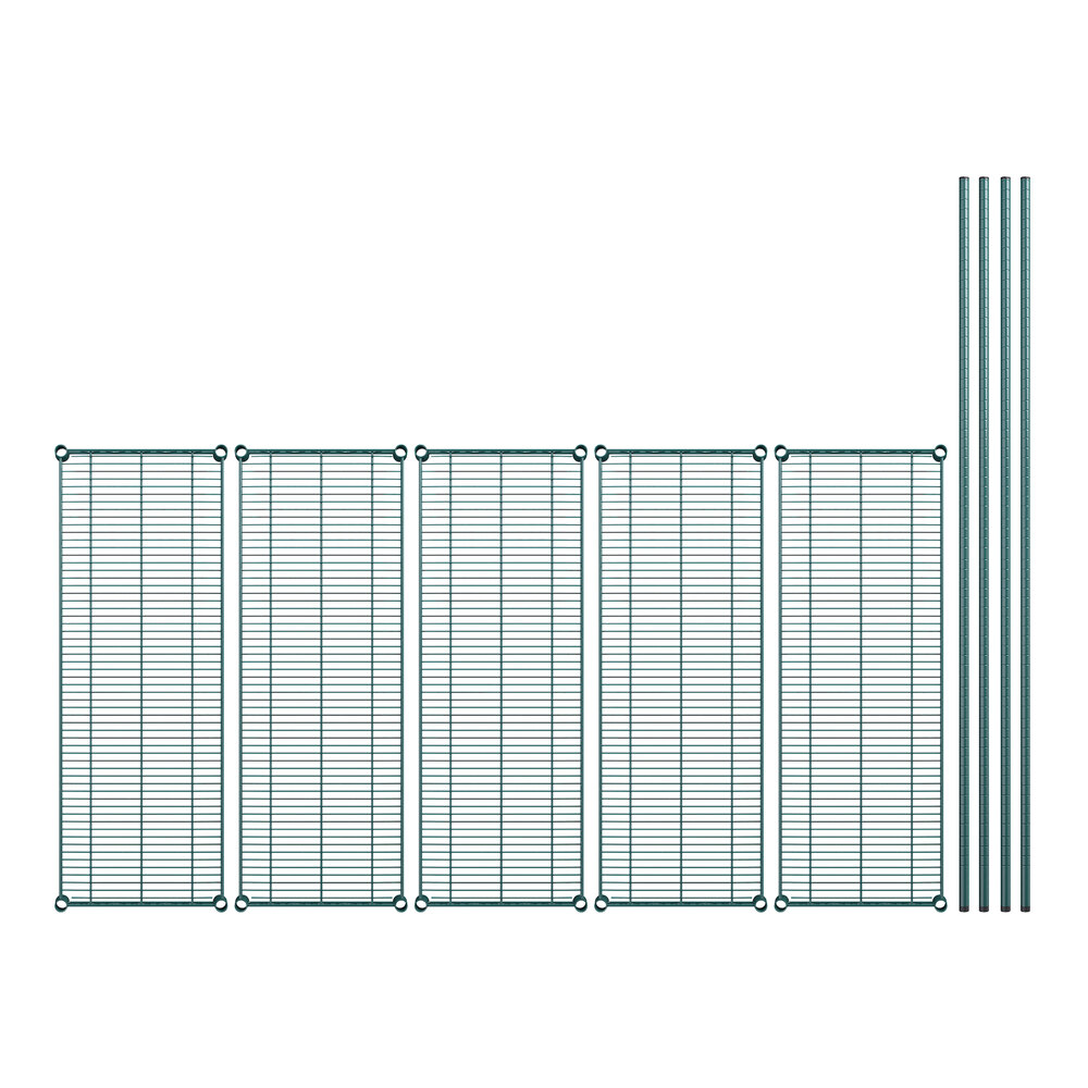 A row of metal bars and grid panels for Regency green wire shelving.