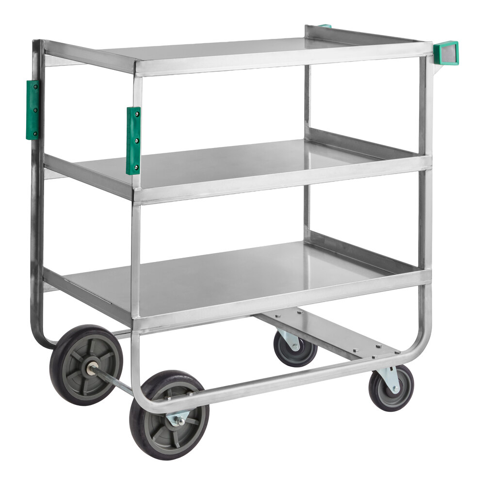 A three-shelf stainless steel cart with large rear wheels and smaller front swivel casters.