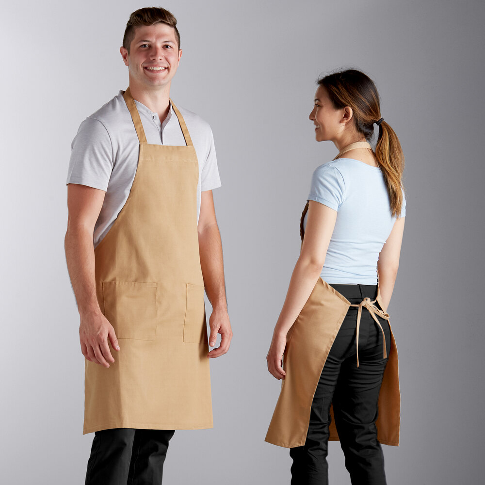 Choice Khaki PolyCotton Standard Bib Apron with 2 Pockets 34" x 30"