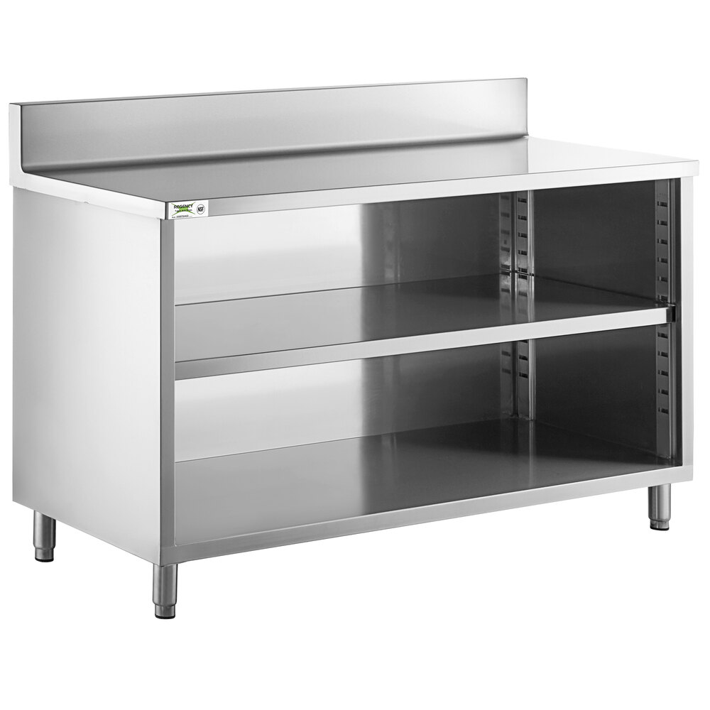 Regency 24 inch x 60 inch 16 Gauge Type 304 Stainless Steel Enclosed Base Open Front Table with Adjustable Midshelf and 6 inch Backsplash