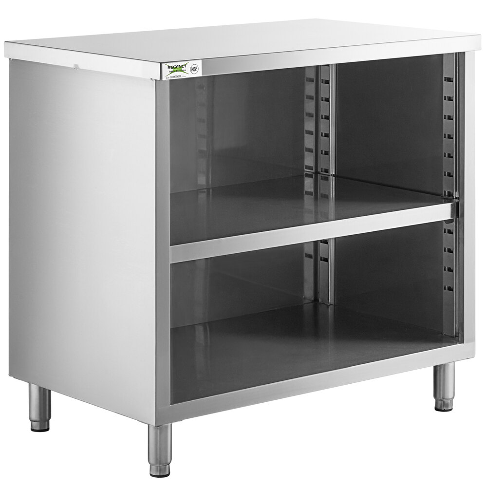 Regency 24 inch x 36 inch 16 Gauge Type 304 Stainless Steel Enclosed Base Table with Open Front and Adjustable Midshelf