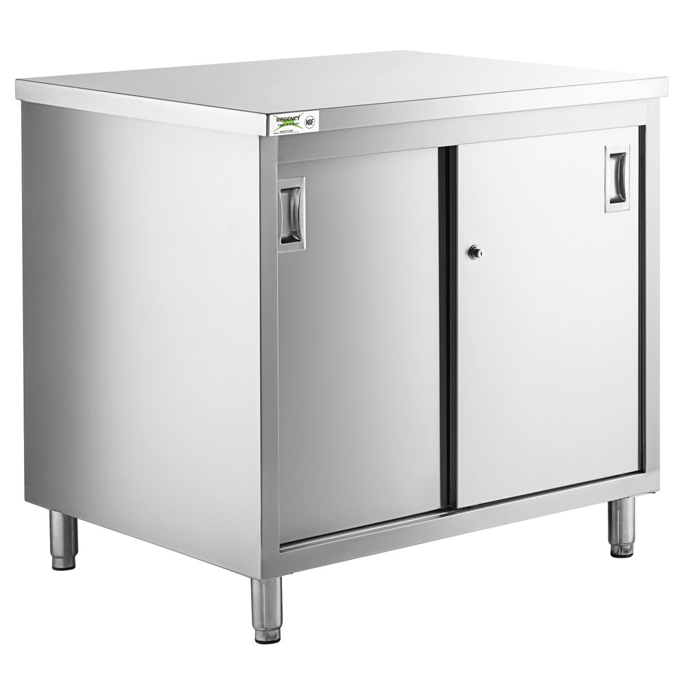 Regency 30 inch x 36 inch 16 Gauge Type 304 Stainless Steel Enclosed Base Table with Sliding Doors and Adjustable Midshelf