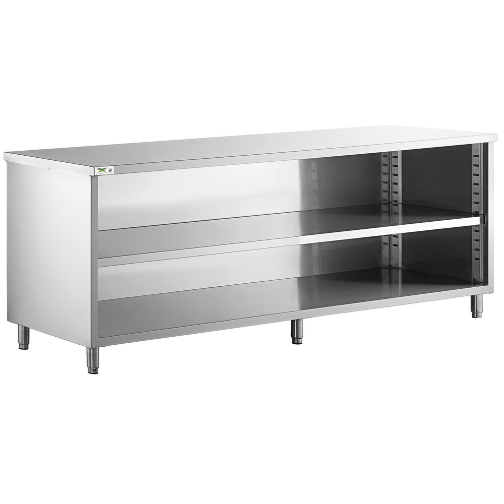 Regency 24 inch x 96 inch 16 Gauge Type 304 Stainless Steel Enclosed Base Table with Open Front and Adjustable Midshelf