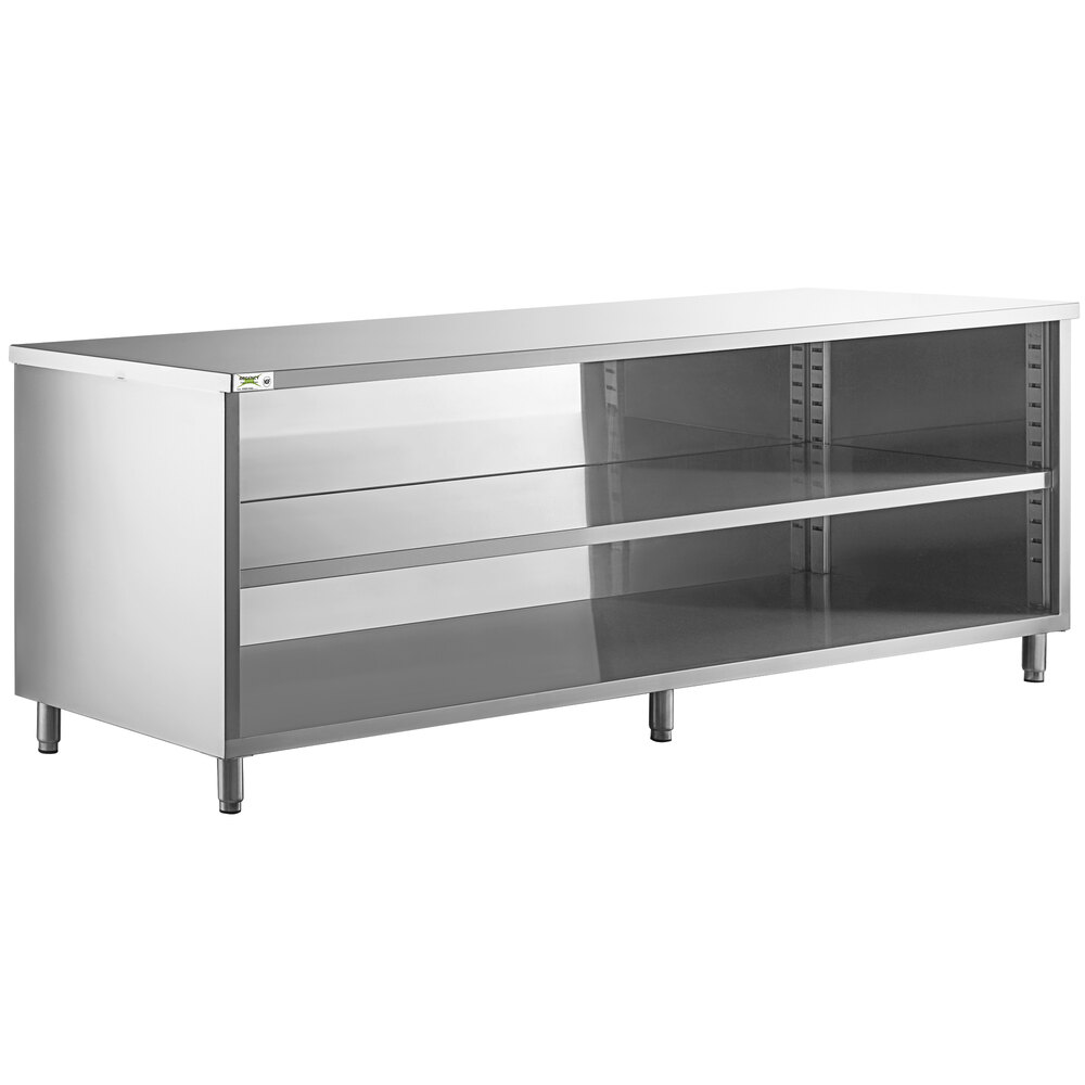 Regency 30 inch x 96 inch 16 Gauge Type 304 Stainless Steel Enclosed Base Table with Open Front and Adjustable Midshelf