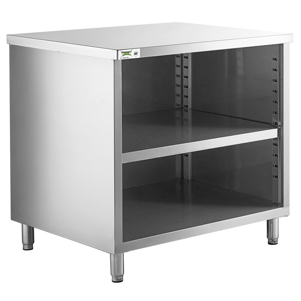 Regency 30 inch x 36 inch 16 Gauge Type 304 Stainless Steel Enclosed Base Table with Open Front and Adjustable Midshelf